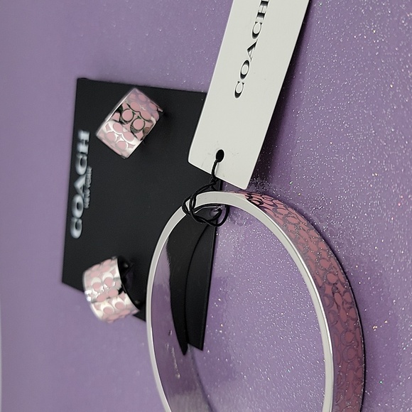 Coach Jewelry - NEW Coach Jewelry Set Pink and Silver Cuff Earrings, Bangle Bracelet